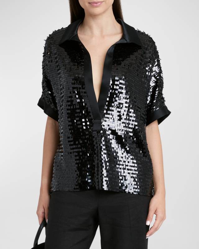 Sequin Open-Collar Satin-Trim Short-Sleeve Top